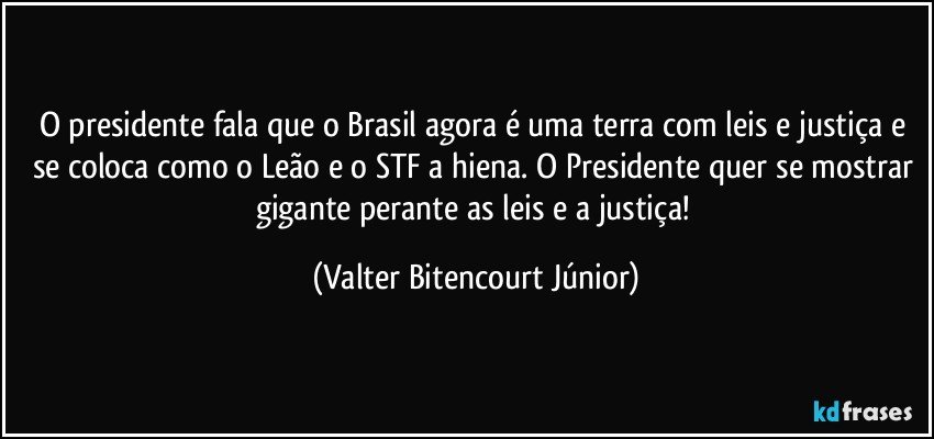 O presidente fala que o Brasil agora é uma terra com leis e justiça e se coloca como o Leão e o STF a hiena. O Presidente quer se mostrar gigante perante as leis e a justiça! (Valter Bitencourt Júnior)