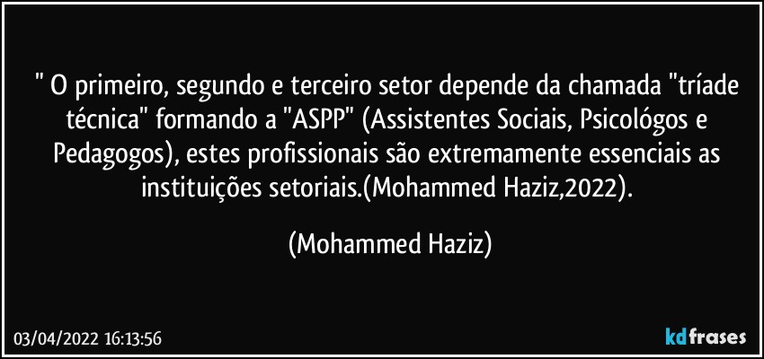 " O primeiro, segundo e terceiro setor  depende da chamada "tríade técnica" formando a  "ASPP" (Assistentes Sociais, Psicológos e Pedagogos), estes profissionais são extremamente essenciais as instituições setoriais.(Mohammed Haziz,2022). (Mohammed Haziz)