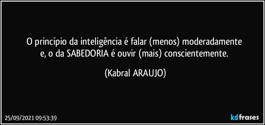 O princípio da inteligência é falar (menos) moderadamente 
e, o da SABEDORIA é ouvir (mais) conscientemente. (KABRAL ARAUJO)