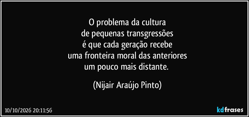 O problema da cultura
de pequenas transgressões
é que cada geração recebe
uma fronteira moral das anteriores
um pouco mais distante. (Nijair Araújo Pinto)