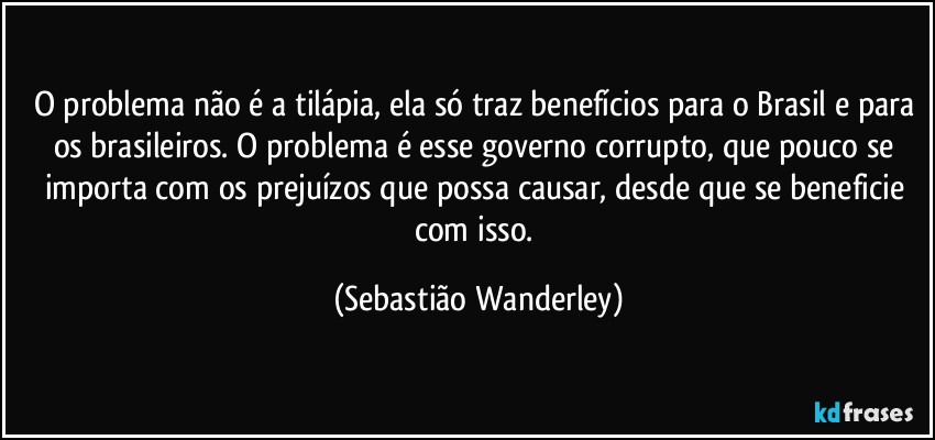 O problema não é a tilápia, ela só traz benefícios para o Brasil e para os brasileiros. O problema é esse governo corrupto, que pouco se importa com os prejuízos que possa causar, desde que se beneficie com isso. (Sebastião Wanderley)