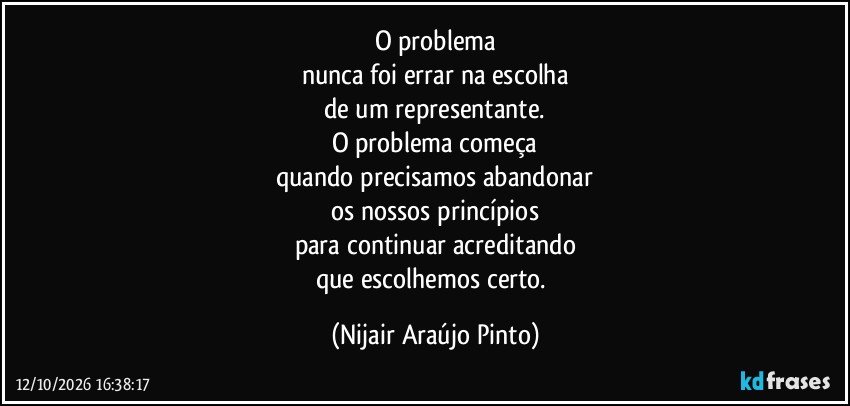 O problema
nunca foi errar na escolha
de um representante.
O problema começa
quando precisamos abandonar
os nossos princípios
para continuar acreditando
que escolhemos certo. (Nijair Araújo Pinto)