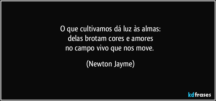 O que cultivamos dá luz às almas:
delas brotam cores e amores
no campo vivo que nos move. (Newton Jayme)