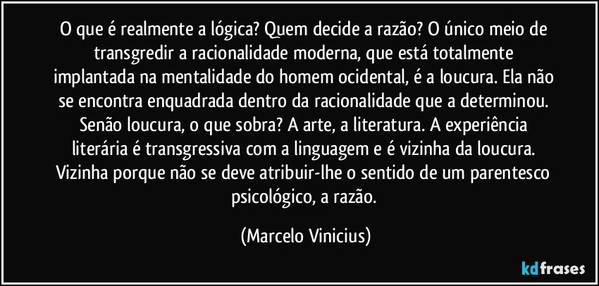 O que é realmente a lógica? Quem decide a razão? O único meio de transgredir a racionalidade moderna, que está totalmente implantada na mentalidade do homem ocidental, é a loucura. Ela não se encontra enquadrada dentro da racionalidade que a determinou. Senão loucura, o que sobra? A arte, a literatura. A experiência literária é transgressiva com a linguagem e é vizinha da loucura. Vizinha porque não se deve atribuir-lhe o sentido de um parentesco psicológico, a razão. (Marcelo Vinicius)