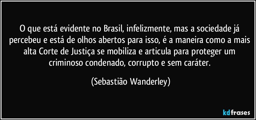 O que está evidente no Brasil, infelizmente, mas a sociedade já percebeu e está de olhos abertos para isso, é a maneira como a mais alta Corte de Justiça se mobiliza e articula para proteger um criminoso condenado, corrupto e sem caráter. (Sebastião Wanderley)