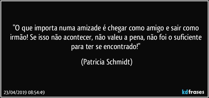 "O que importa numa amizade é chegar como amigo e sair como irmão! Se isso não acontecer, não valeu a pena, não foi o suficiente para ter se encontrado!" (Patricia Schmidt)