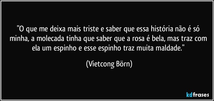 "O que me deixa mais triste e saber que essa história não é só minha, a molecada tinha que saber que a rosa é bela, mas traz com ela um espinho e esse espinho traz muita maldade." (Vietcong Börn)