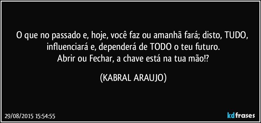 O que no passado e, hoje, você faz ou amanhã fará; disto, TUDO, influenciará e, dependerá de TODO o teu futuro.
 Abrir ou Fechar, a chave está na tua mão!? (KABRAL ARAUJO)