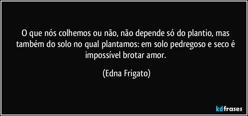 O que nós colhemos ou não, não depende só do plantio, mas também do solo no qual plantamos: em solo pedregoso e seco é impossível brotar amor. (Edna Frigato)