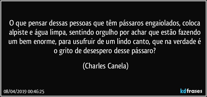 O que pensar dessas pessoas que têm pássaros engaiolados, coloca alpiste e água limpa, sentindo orgulho por achar que estão fazendo um bem enorme, para usufruir de um lindo canto, que na verdade é o grito de desespero desse pássaro? (Charles Canela)