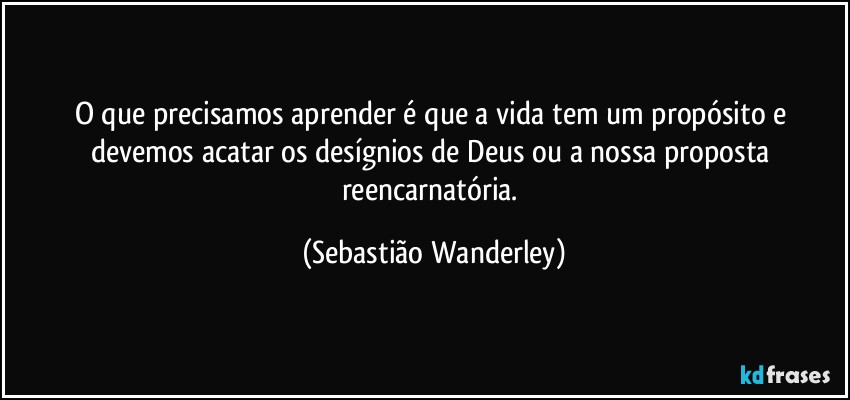 O que precisamos aprender é que a vida tem um propósito e devemos acatar os desígnios de Deus ou a nossa proposta reencarnatória. (Sebastião Wanderley)