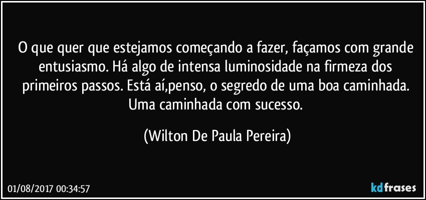 O que quer que estejamos começando a fazer, façamos com grande entusiasmo. Há algo de intensa luminosidade na firmeza dos primeiros passos. Está aí,penso, o segredo de uma boa caminhada. Uma caminhada com sucesso. (Wilton De Paula Pereira)
