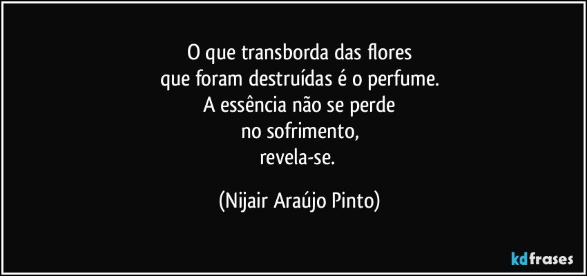 O que transborda das flores
que foram destruídas é o perfume.
A essência não se perde
no sofrimento,
revela-se. (Nijair Araújo Pinto)