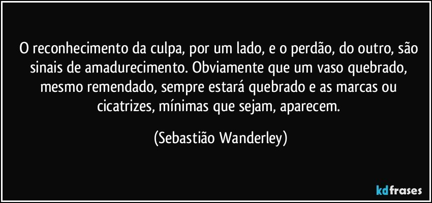 O reconhecimento da culpa, por um lado, e o perdão, do outro, são sinais de amadurecimento. Obviamente que um vaso quebrado, mesmo remendado, sempre estará quebrado e as marcas ou cicatrizes, mínimas que sejam, aparecem. (Sebastião Wanderley)