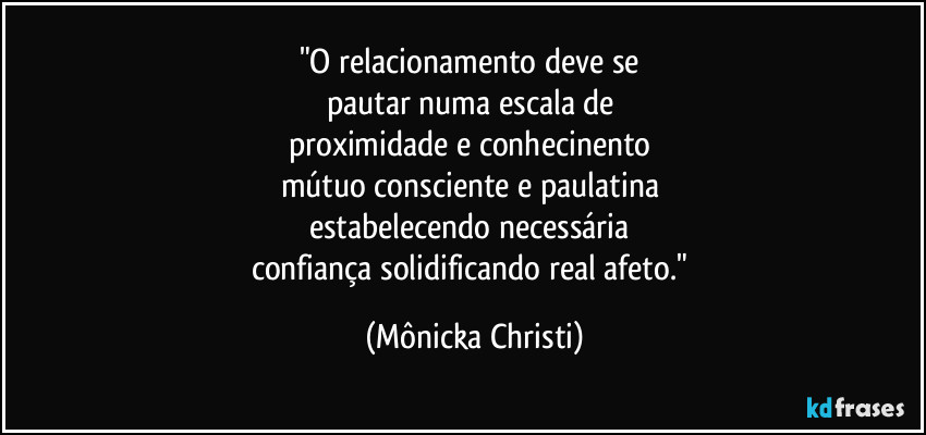 "O relacionamento deve se 
pautar numa escala de 
proximidade e conhecinento 
mútuo consciente e paulatina  
estabelecendo necessária 
confiança solidificando real afeto." (Mônicka Christi)