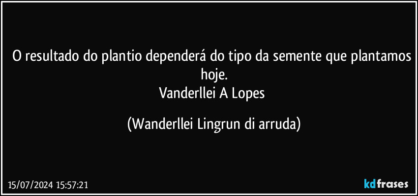 O resultado do plantio dependerá do tipo da semente que plantamos hoje.
Vanderllei A Lopes (Wanderllei Lingrun di arruda)