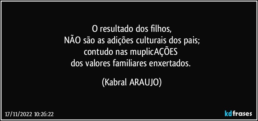 O resultado dos filhos,
NÃO são as adições culturais dos pais;
contudo nas muplicAÇÕES 
dos valores familiares enxertados. (KABRAL ARAUJO)