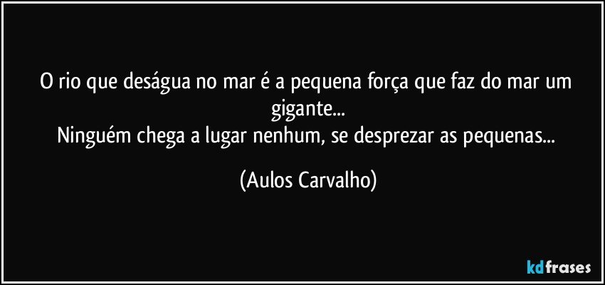 O rio que deságua no mar é a pequena força que faz do mar um gigante...
Ninguém chega a lugar nenhum, se desprezar as pequenas... (Aulos Carvalho)