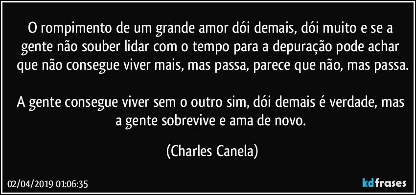 O rompimento de um grande amor dói demais, dói muito e se a gente não souber lidar com o tempo para a depuração pode achar que não consegue viver mais, mas passa, parece que não, mas passa.

A gente consegue viver sem o outro sim, dói demais é verdade, mas a gente sobrevive e ama de novo. (Charles Canela)