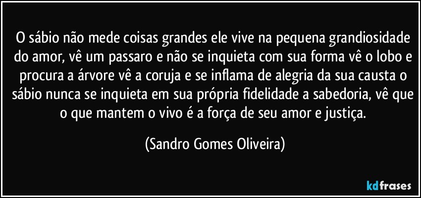 O sábio não mede coisas grandes ele vive na pequena grandiosidade do amor, vê um passaro e não se inquieta com sua forma vê o lobo e procura a árvore vê a coruja e se inflama de alegria da sua causta o sábio nunca se inquieta em sua própria fidelidade a sabedoria, vê que o que mantem o vivo é a força de seu amor e justiça. (Sandro Gomes Oliveira)