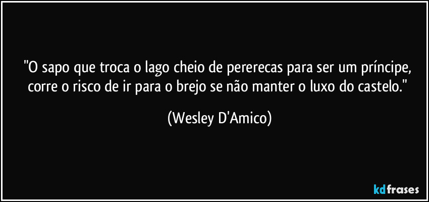 "O sapo que troca o lago cheio de pererecas para ser um príncipe, corre o risco de ir para o brejo se não manter o luxo do castelo." (Wesley D'Amico)