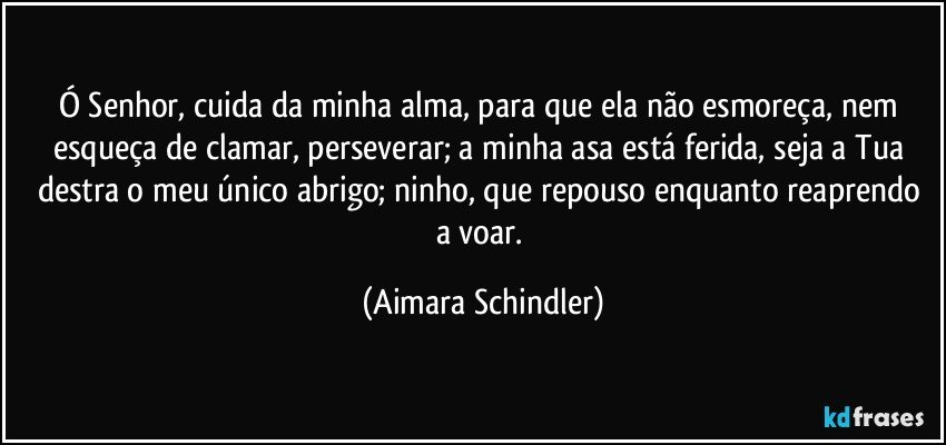 Ó Senhor, cuida da minha alma, para que ela não esmoreça, nem esqueça de clamar, perseverar;  a minha asa está ferida, seja a Tua destra o meu único abrigo;  ninho, que repouso enquanto reaprendo a voar. (Aimara Schindler)