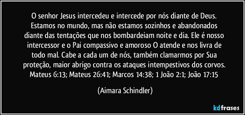 O senhor Jesus intercedeu e intercede por nós diante de Deus. Estamos no mundo, mas não estamos sozinhos e abandonados diante das tentações que nos bombardeiam noite e dia. Ele é nosso intercessor e o Pai compassivo e amoroso O atende e nos livra de todo mal. Cabe a  cada um de nós, também clamarmos por Sua proteção, maior abrigo contra os ataques intempestivos dos corvos. Mateus 6:13; Mateus 26:41; Marcos 14:38; 1 João 2:1; João 17:15 (Aimara Schindler)