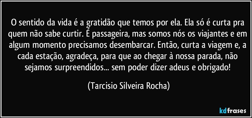 O sentido da vida é a gratidão que temos por ela. Ela só é curta pra quem não sabe curtir. É passageira, mas somos nós os viajantes e em algum momento precisamos desembarcar. Então, curta a viagem e, a cada estação, agradeça, para que ao chegar à nossa parada, não sejamos surpreendidos... sem poder dizer adeus e obrigado! (Tarcisio Silveira Rocha)