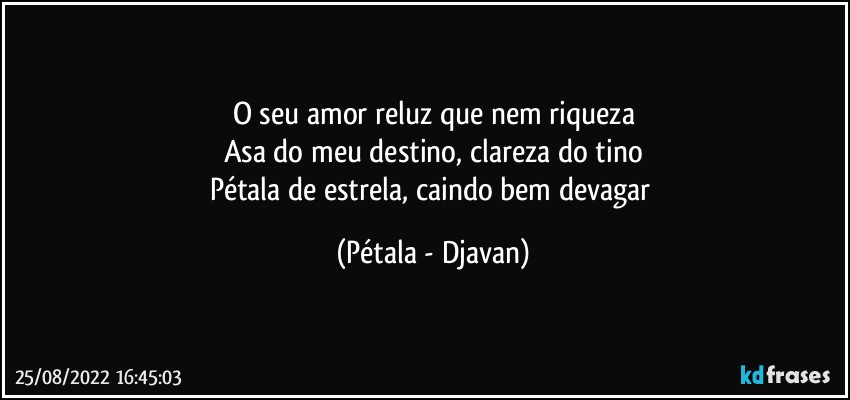 O seu amor reluz que nem riqueza
Asa do meu destino, clareza do tino
Pétala de estrela, caindo bem devagar (Pétala - Djavan)