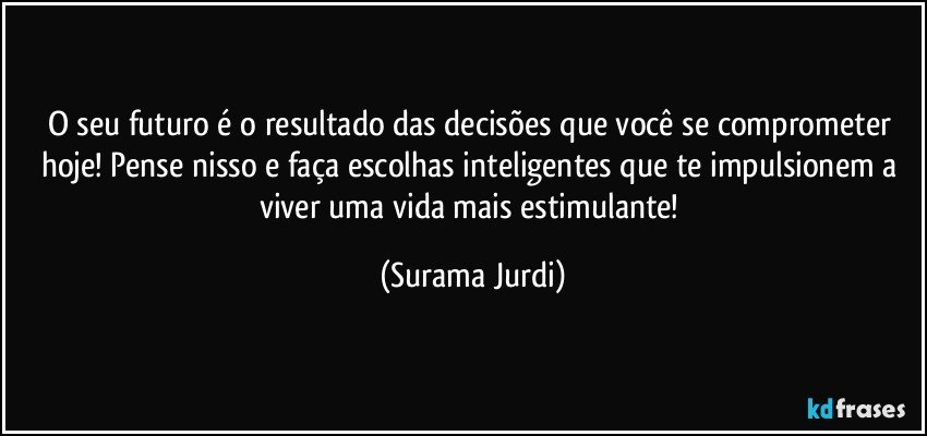 O seu futuro é o resultado das decisões que você se comprometer hoje! Pense nisso e faça escolhas inteligentes que te impulsionem a viver uma vida mais estimulante! (Surama Jurdi)