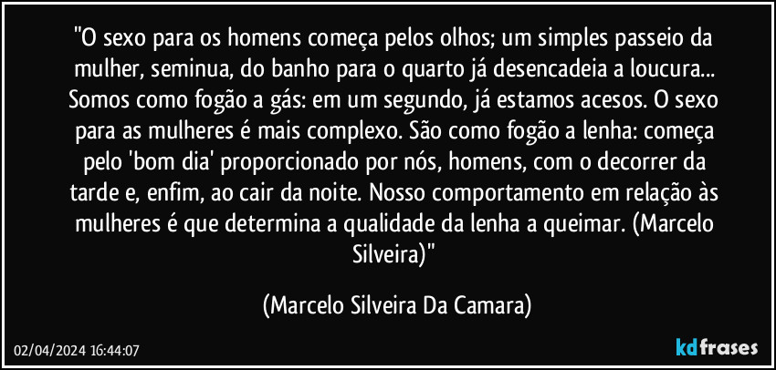 "O sexo para os homens começa pelos olhos; um simples passeio da mulher, seminua, do banho para o quarto já desencadeia a loucura... Somos como fogão a gás: em um segundo, já estamos acesos. O sexo para as mulheres é mais complexo. São como fogão a lenha: começa pelo 'bom dia' proporcionado por nós, homens, com o decorrer da tarde e, enfim, ao cair da noite. Nosso comportamento em relação às mulheres é que determina a qualidade da lenha a queimar. (Marcelo Silveira)" (Marcelo Silveira Da Camara)