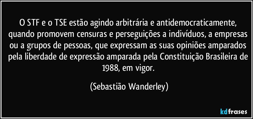 O STF e o TSE estão agindo arbitrária e antidemocraticamente, quando promovem censuras e perseguições a indivíduos, a empresas ou a grupos de pessoas, que expressam as suas opiniões amparados pela liberdade de expressão amparada pela Constituição Brasileira de 1988, em vigor. (Sebastião Wanderley)