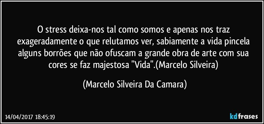 O stress deixa-nos tal como somos e apenas nos traz exageradamente o que relutamos ver, sabiamente a vida pincela alguns borrões que não ofuscam a grande obra de arte com sua cores se faz majestosa "Vida".(Marcelo Silveira) (Marcelo Silveira Da Camara)