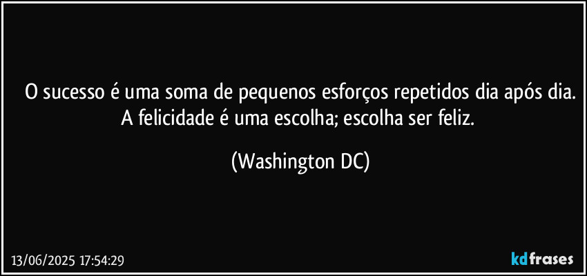 O sucesso é uma soma de pequenos esforços repetidos dia após dia.
A felicidade é uma escolha; escolha ser feliz. (Washington DC)