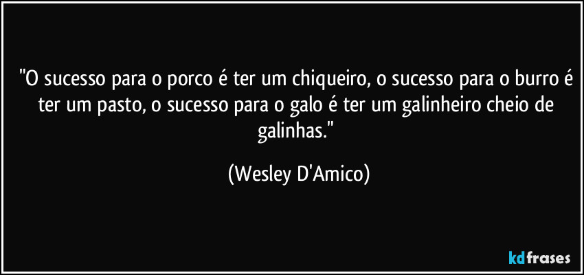 "O sucesso para o porco é ter um chiqueiro, o sucesso para o burro é ter um pasto, o sucesso para o galo é ter um galinheiro cheio de galinhas." (Wesley D'Amico)