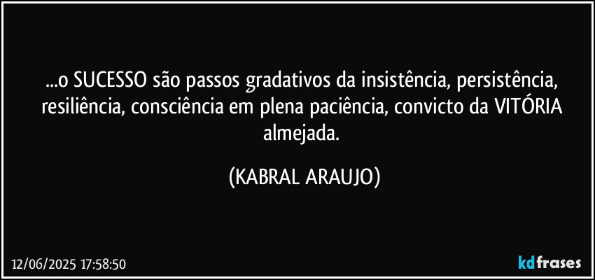 ...o SUCESSO são passos gradativos da insistência, persistência, resiliência, consciência em plena paciência, convicto da VITÓRIA almejada. (KABRAL ARAUJO)