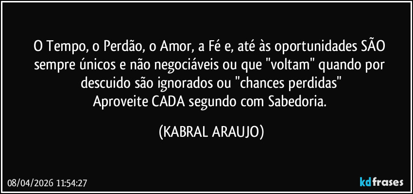 O Tempo, o Perdão, o Amor, a Fé e, até às oportunidades SÃO sempre únicos e não negociáveis ou que "voltam" quando por descuido são ignorados ou "chances perdidas"
Aproveite CADA segundo com Sabedoria. (KABRAL ARAUJO)