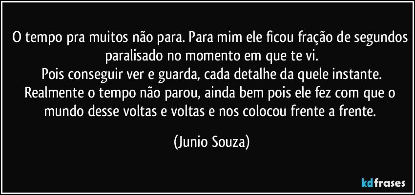 O tempo pra muitos não para. Para mim ele ficou fração de segundos paralisado no momento em que te vi.
Pois conseguir ver e guarda, cada detalhe da quele instante.
Realmente o tempo não parou, ainda bem pois ele fez com que o mundo desse voltas e voltas e nos colocou frente a frente. (Junio Souza)