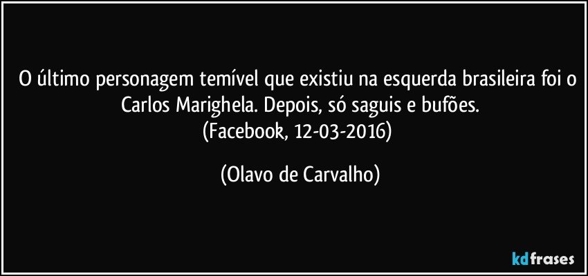 O último personagem temível que existiu na esquerda brasileira foi o Carlos Marighela. Depois, só saguis e bufões.
(Facebook, 12-03-2016) (Olavo de Carvalho)