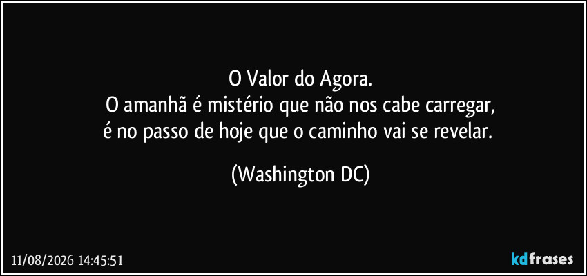 O Valor do Agora.
O amanhã é mistério que não nos cabe carregar,
é no passo de hoje que o caminho vai se revelar. (Washington DC)