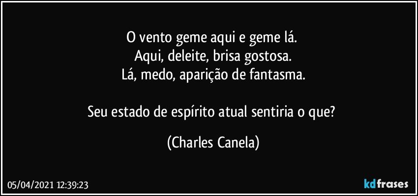 O vento geme aqui e geme lá. 
Aqui, deleite, brisa gostosa.
Lá, medo, aparição de fantasma.

Seu estado de espírito atual sentiria o que? (Charles Canela)