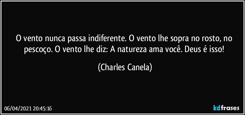 O vento nunca passa indiferente. O vento lhe sopra no rosto, no pescoço. O vento lhe diz: A natureza ama você. Deus é isso! (Charles Canela)