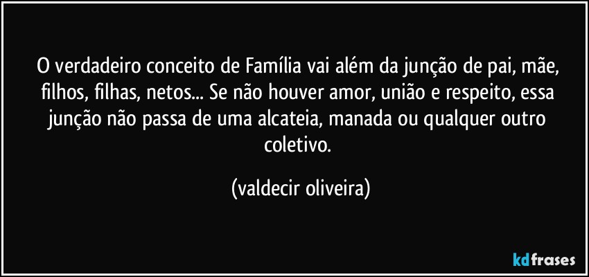 O verdadeiro conceito de Família vai além da junção de pai, mãe, filhos, filhas, netos... Se não houver amor, união e respeito, essa junção não passa de uma alcateia, manada ou qualquer outro coletivo. (valdecir oliveira)