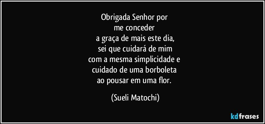 Obrigada Senhor por 
me conceder 
a graça de mais este dia,
sei que cuidará de mim
com a mesma simplicidade e 
cuidado de uma borboleta 
ao pousar em uma flor. (Sueli Matochi)