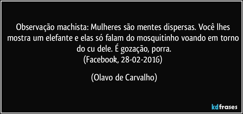 Observação machista: Mulheres são mentes dispersas. Você lhes mostra um elefante e elas só falam do mosquitinho voando em torno do cu dele. É gozação, porra.
(Facebook, 28-02-2016) (Olavo de Carvalho)