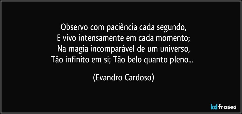 Observo com paciência cada segundo,
E vivo intensamente em cada momento;
Na magia incomparável de um universo,
Tão infinito em si; Tão belo quanto pleno... (Evandro Cardoso)