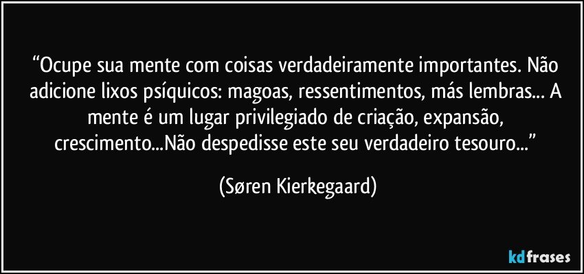 “Ocupe sua mente com coisas verdadeiramente importantes. Não adicione lixos psíquicos: magoas, ressentimentos, más lembras... A mente é um lugar privilegiado de criação, expansão, crescimento...Não despedisse este seu verdadeiro tesouro...” (Søren Kierkegaard)