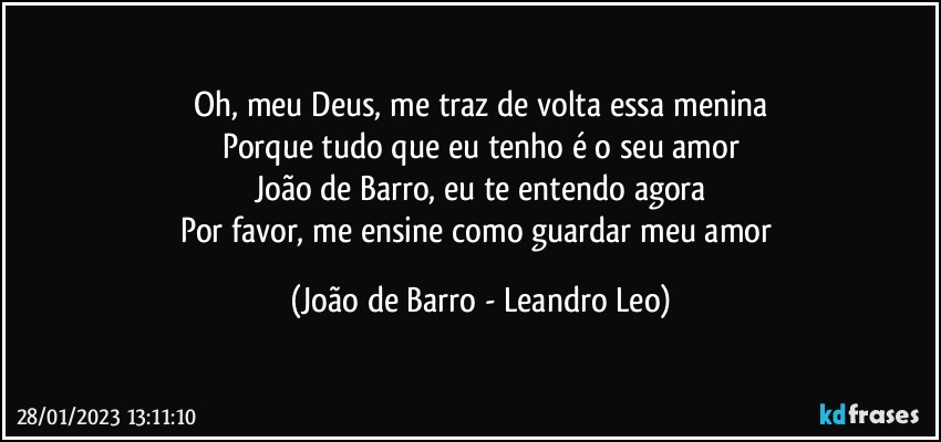 Oh, meu Deus, me traz de volta essa menina
Porque tudo que eu tenho é o seu amor
João de Barro, eu te entendo agora
Por favor, me ensine como guardar meu amor (João de Barro - Leandro Leo)