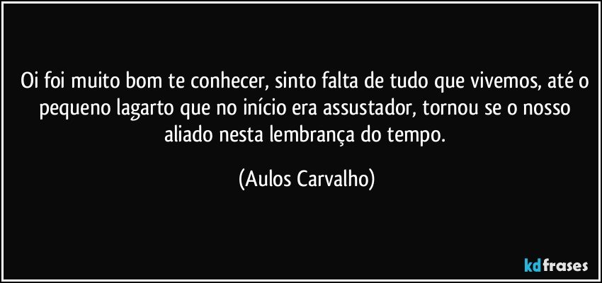 Oi foi muito bom te conhecer, sinto falta de tudo que vivemos, até o pequeno lagarto que no início era assustador, tornou se o nosso aliado nesta lembrança do tempo. (Aulos Carvalho)