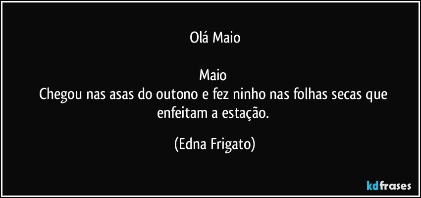 Olá Maio

Maio 
Chegou nas asas do outono e fez ninho nas folhas secas que enfeitam a estação. (Edna Frigato)